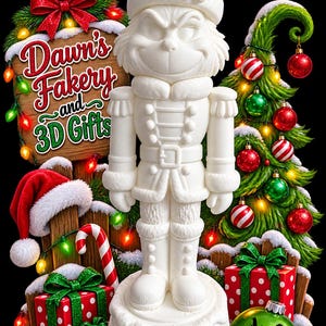 May include: A white, unpainted nutcracker figure wearing a Santa hat, standing on a circular base. The scene includes a wooden sign reading 'Dawn's Fakery and 3D Gifts', a green Christmas tree with red and green ornaments, and wrapped gift boxes.