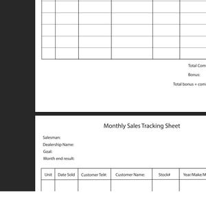 May include: A black and white document titled "Monthly Sales Tracking Sheet" with fields for sales data. The document includes sections for salesman information, goals, and commission calculations. The date is February 2026.