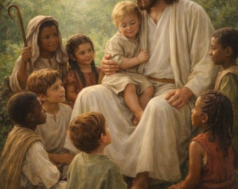 Jesus and the Little Children Digital Greeting Card, Christian Faith Card, Religious Printable 5x7 Card, Baptism, Encouragement