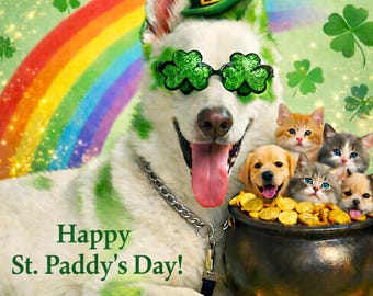 Lucky Paws St. Patrick's Day Card - Dog & Kitten Pot of Gold, Cute Irish Pet Greeting, Printable  Digital Download