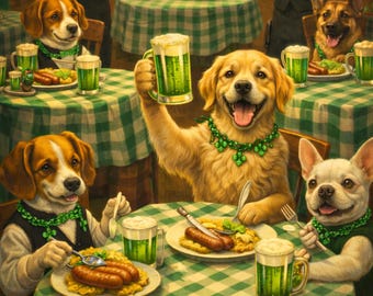 Lucky Paws St. Patrick's Day Card - Dogs in Pub Drinking Green Beer, Funny Irish Dog Greeting - Printable Digital Download