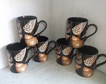 6 Fritz und Floyd COQUILLE DE MER Kaffeetassen Tassen 8 Unzen schwarze Muscheln Vintage