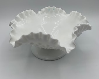 Vintage Fenton Glass White Hobnail Footed Candy Dish 8”