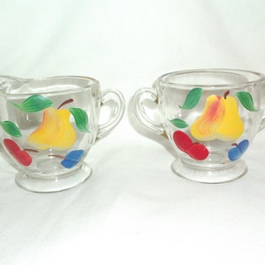 Vintage Pair Handpainted Fruits Glass Creamer & Sugar Bowl Pear Plum Apple