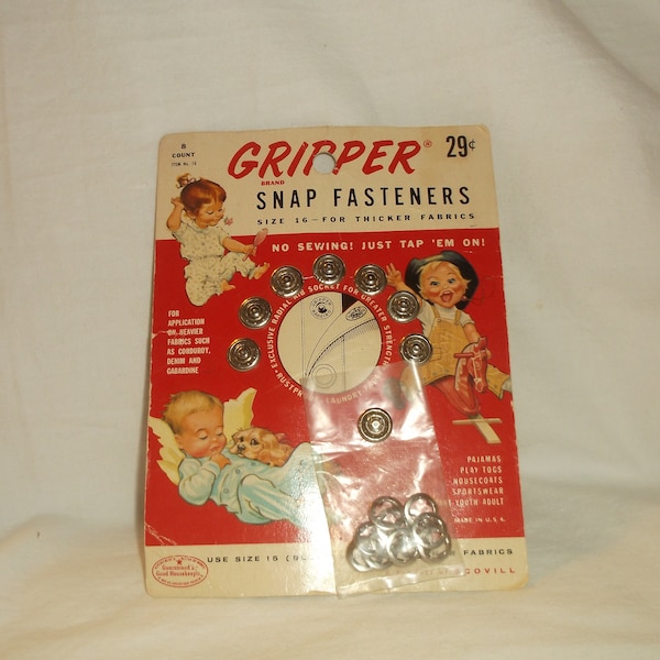 Vintage Sewing Notion GRIPPER Snap Fasteners On Card Baby