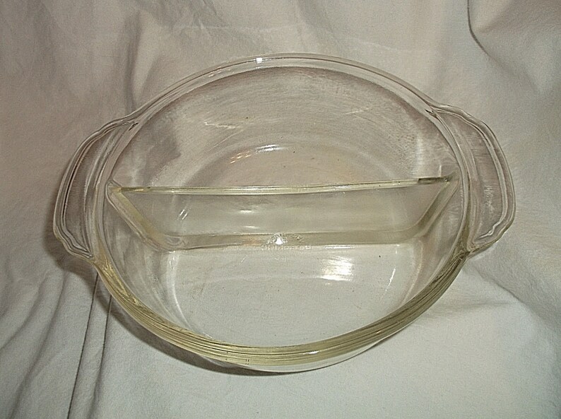 Fire King 1 12 qt Glass Divided Round Casserole Dish Clear