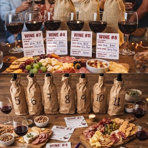 May include: A wine tasting setup with glasses of red wine, bottles in paper bags, and tasting notes. The scene includes charcuterie boards with cheese, crackers, and fruit, creating an inviting atmosphere for a wine-tasting event.