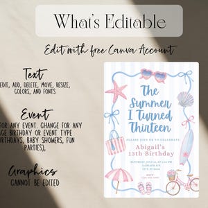The Summer I Turnteen-uitnodiging | Coastal 13e verjaardagsfeestje | Verjaardagsuitnodiging strand meisje | Preppy tienerverjaardag|Bewerkbare canvassjabloon afbeelding 5