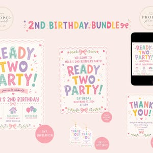 Puede incluir: Un paquete de papelería para un 2º cumpleaños que incluye una invitación de 5x7, un cartel de bienvenida, una invitación móvil en un smartphone, tarjetas de agradecimiento y etiquetas de regalo con el texto READY TWO PARTY!