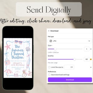Op de afbeelding: Een smartphone toont een digitale verjaardagsuitnodiging met strandthema-afbeeldingen zoals een zeester, schelp, surfplank en fiets. Het scherm bevat de tekst The Summer I Turned Thirteen, Abigail's 13th Birthday. Een downloadmenu is zichtbaar.