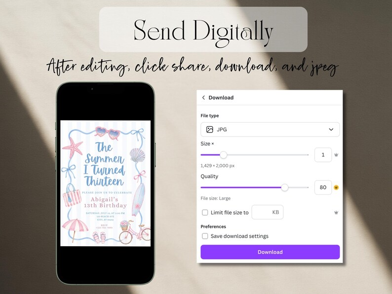 Op de afbeelding: Een smartphone toont een digitale verjaardagsuitnodiging met strandthema-afbeeldingen zoals een zeester, schelp, surfplank en fiets. Het scherm bevat de tekst The Summer I Turned Thirteen, Abigail's 13th Birthday. Een downloadmenu is zichtbaar.