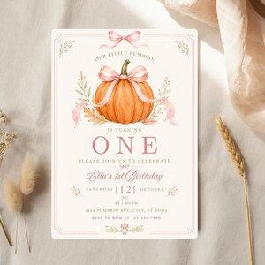 May include: A rectangular birthday invitation card featuring a watercolor orange pumpkin with a light pink ribbon bow. The text reads: Our Little Pumpkin Is Turning One, Please Join Us To Celebrate, Ella's 1st Birthday, Saturday 12 October, 1:00 PM.