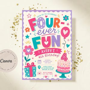 May include: A rectangular birthday invitation card with a scalloped purple border on a cream background. The text reads Four-ever Fun Avery's 4th Birthday. Features include a pink gift box, a pink birthday cake with a number four candle, and icons.