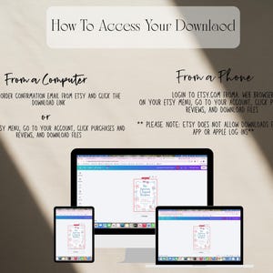 Op de afbeelding: Een instructieve afbeelding getiteld How To Access Your Download met tekst die de stappen voor computers en telefoons uitlegt. Onder de tekst tonen een desktopmonitor, een tablet en een laptop een digitaal ontwerpbestand op het scherm.