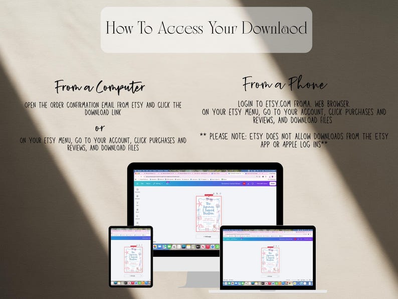 Op de afbeelding: Een instructieve afbeelding getiteld How To Access Your Download met tekst die de stappen voor computers en telefoons uitlegt. Onder de tekst tonen een desktopmonitor, een tablet en een laptop een digitaal ontwerpbestand op het scherm.