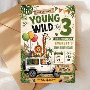 Uitnodiging voor een verjaardag van Young Wild and Three | Safari-themafeestje voor de 3e verjaardag | Verjaardag in een safarijeep (bewerkbare Canva-sjabloon)