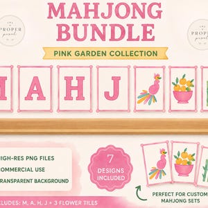 以下が含まれることがあります： ピンクガーデンコレクションのデジタル麻雀バンドル。M、A、H、Jの文字、ピンクの鳥、オレンジのボウル、緑の竹の茎を含む7つのデザインが特徴です。セットには、透明な背景を持つ高解像度のPNGファイルが含まれています。