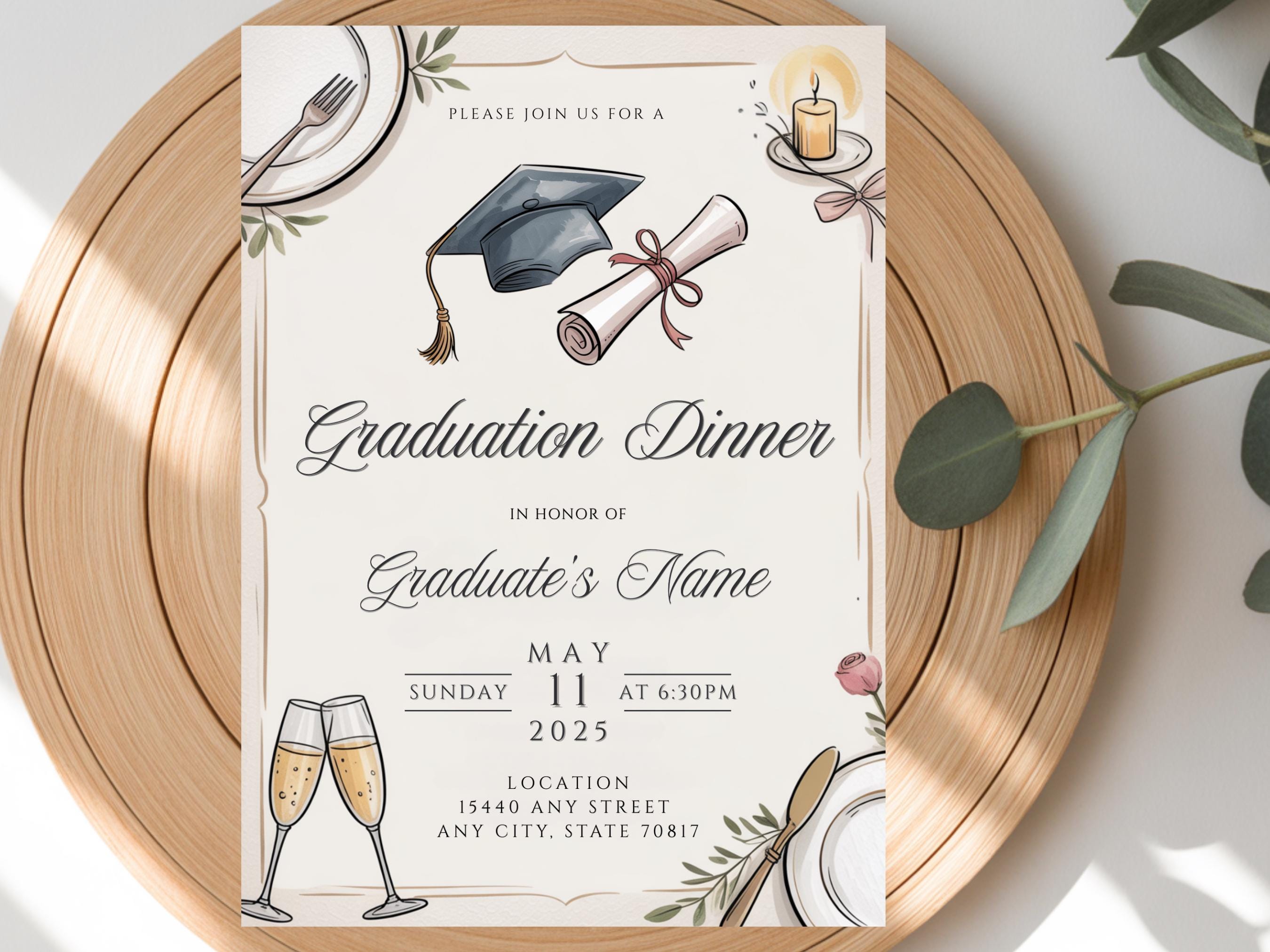 Grad Lunch Invite Graduation Dinner Invitation Template | Elegant Feminine Grad Evite ...