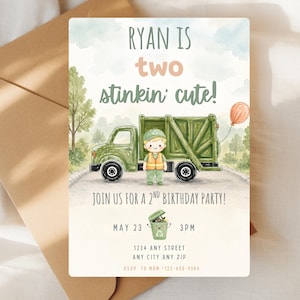 Verjaardagsuitnodiging vuilniswagen | Two Stinkin Cute Vuilniswagenfeestje | Tweede verjaardagsfeestje jongen | (Bewerkbare canvassjabloon)