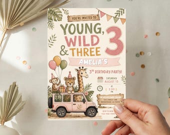 Young Wild and Three Birthday Invitation | Pink Safari 3rd Birthday Party Invite | Safari Jeep Birthday (Editable Canva template)