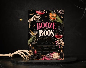 May include: A Halloween cocktail party invitation featuring the text BOOZE and BOOS. The design displays skeleton hands and green monster hands holding various cocktails, black candles, skulls, and a disco ball against a black background.