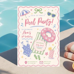 Uitnodigingssjabloon voor een zwembadfeestje | Preppy zomerse verjaardagskaart | Zwembadfeestje voor meisjes | Direct te downloaden (bewerkbaar Canva-sjabloon)