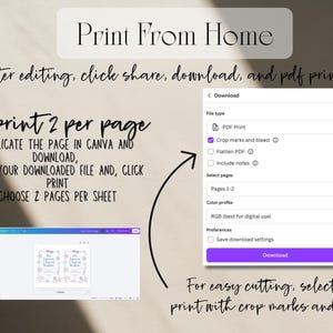 Op de afbeelding: Een instructieve afbeelding met de titel Print From Home die een Canva-downloadmenu toont met opties voor PDF Print, snijtekens en afloop. Het bevat tekstinstructies over het dupliceren van pagina's en het afdrukken van twee per vel.