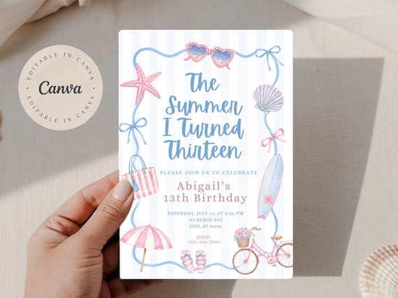 The Summer I Turned Thirteen Invitation | Coastal 13th Birthday Party | Girl Beach Birthday Invite| Preppy Teen Bday|Editable Canva Template