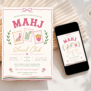May include: A pink and green invitation for a Mahjong Social Club event. The invitation includes the text "MAHJ Social Club" with event details, floral accents, and three small illustrations. A smartphone displays the same invitation.