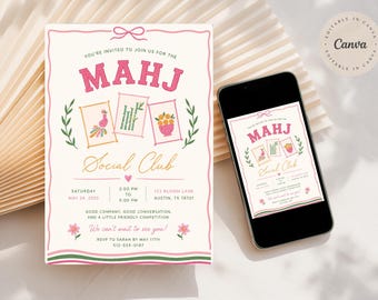 May include: A pink and green invitation for a Mahjong Social Club event. The invitation includes the text "MAHJ Social Club" with event details, floral accents, and three small illustrations. A smartphone displays the same invitation.