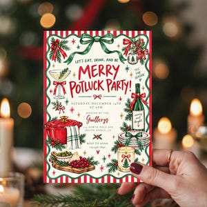 Puede incluir: Una tarjeta de invitación rectangular para una fiesta navideña con bordes a rayas rojas y blancas. El texto dice: Let's eat, drink, and be Merry Potluck Party! Saturday, December 14th at 6pm, hosted by the Guillorys, 125 North Pole Ave.