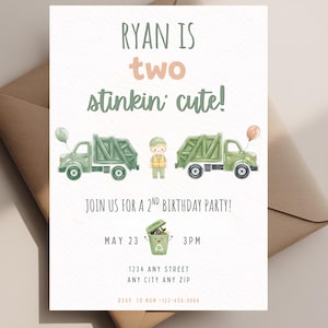 May include: A birthday party invitation with a watercolor design. The text reads "Ryan is two stinkin' cute!" with illustrations of garbage trucks and a waste bin. The invitation includes party details: May 23, 3 PM, and an address.