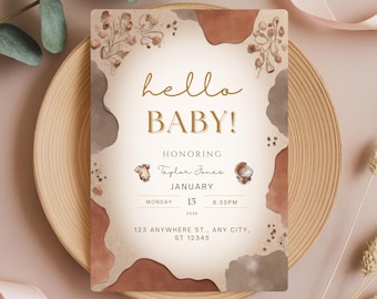 Bearbeitbare neutrale Boho Babypartyeinladung | Canva Vorlage | Boho Babymitteilung | Minimalist Boho Babyparty | Weiche neutrale Babyparty
