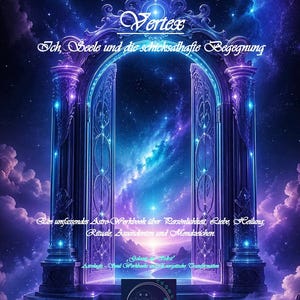 Puede incluir: Ilustración digital de un arco celestial con la palabra "Vertex" y texto en alemán. El arco está enmarcado por columnas ornamentadas y conduce a una galaxia estrellada. El texto adicional incluye "Ich, Seele und die schicksalhafte Begegnung."