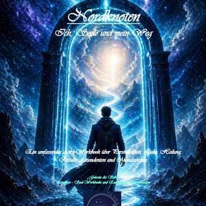 May include: A digital illustration featuring a person in a dark coat standing before a glowing blue archway. Text reads: Nordknoten, Ich, Seele und mein Weg, Ein umfassendes Astro-Workbook über Persönlichkeit, Liebe, Heilung, Rituale, Aszendenten und Mondzeichen.