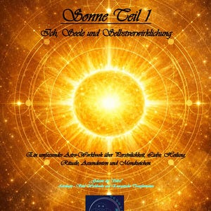 May include: A golden, glowing sun graphic serves as the background for a workbook cover titled Sonne Teil 1, Ich, Seele und Selbstverwirklichung. It includes text about astrology, personality, love, healing, rituals, ascendants, and moon signs.