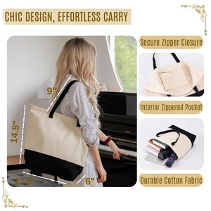 a woman with long blonde hair wearing a striped shirt, carrying a large tote bag with a black and white striped pattern. The bag has a secure zipper closure and a spacious interior zipped pocket. The bag is made of durable cotton fabric.