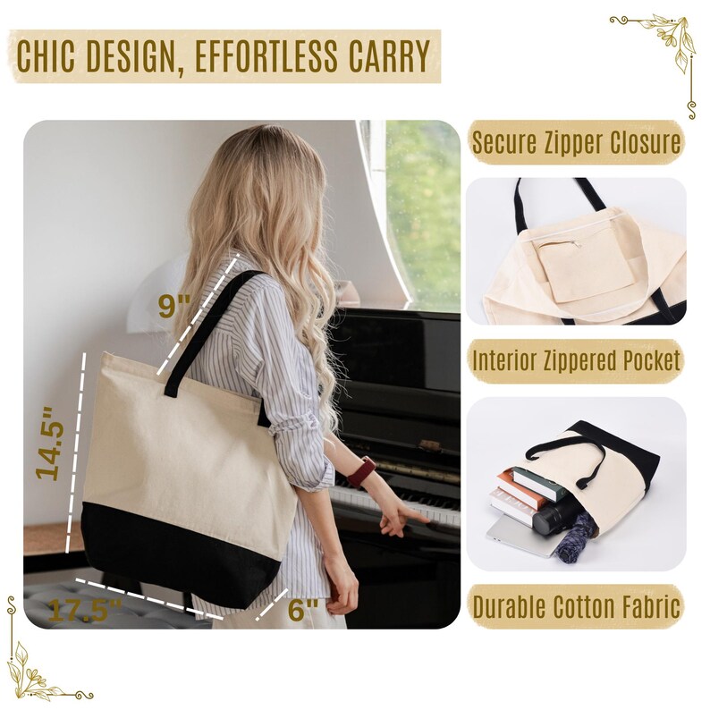 a woman with long blonde hair wearing a striped shirt, carrying a large tote bag with a black and white striped pattern. The bag has a secure zipper closure and a spacious interior zipped pocket. The bag is made of durable cotton fabric.