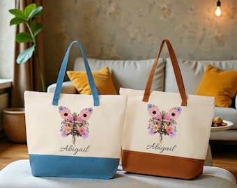 Custom Faith Cross Floral Canvas Tote Bag, Personalized Religious Canvas Tote