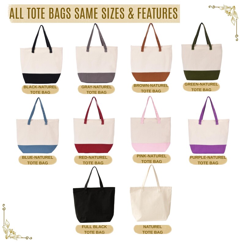 a collection of tote bags in various colors and sizes, all with the same design and features.