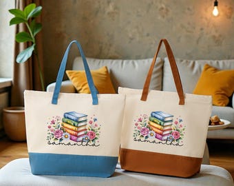 Personalized Book Lover Canvas Tote Bag, Custom Name Book Stack Bag