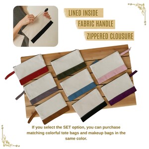 The image is a collage of various colored tote bags and makeup bags, with a focus on the lined inside fabric handle zipper closure.