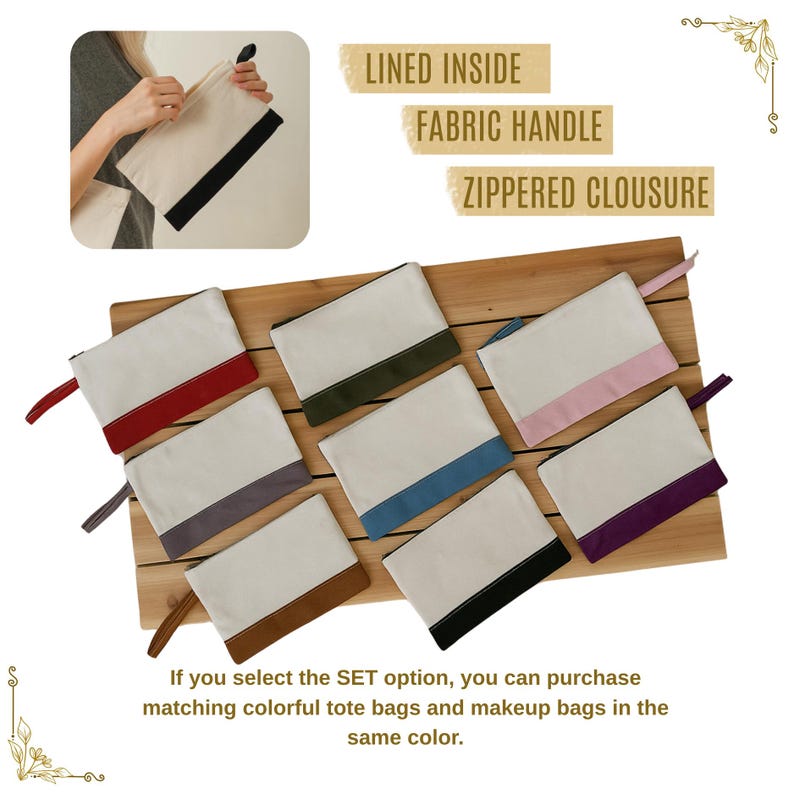 The image is a collage of various colored tote bags and makeup bags, with a focus on the lined inside fabric handle zipper closure.