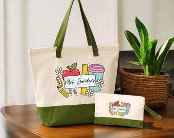 Teacher Canvas Tote Bag, Zippered with Custom Name (Multiple Colors)