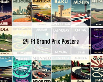 Peut inclure: Ensemble de 24 affiches de Grand Prix de F1. Chaque affiche présente une illustration stylisée d'un circuit de course de divers endroits, dont Melbourne, Barcelone et Austin. Les affiches ont une esthétique de voyage vintage.