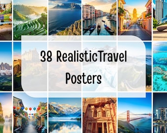 38 reisposters | Minimalistische kunst | Realistische reisposter | Esthetische muurkunst | Reiskunst aan de muur