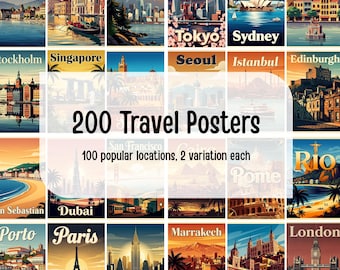 Paquete de 200 carteles de viaje: arte imprimible para aventureros - Set de carteles urbanos de arte mural