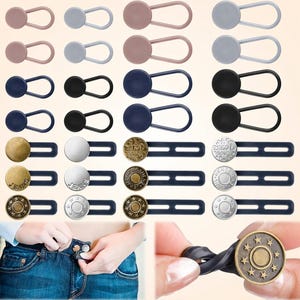 May include: Assortment of adjustable jean button extenders in various colors and styles. Includes button and loop designs in pink, gray, black, and navy, plus button-style extenders with metal finishes.