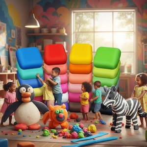 May include: A colorful playroom scene with children interacting with large, soft, square blocks in various colors. A penguin and a cat-like creature are also present. A zebra statue stands nearby. The room is filled with art supplies and colorful decorations.