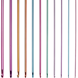 May include: A collection of colorful crochet hooks in various sizes, ranging from 2.0 mm to 8.0 mm. Each hook is a different metallic color, including pink, purple, gold, and green. The sizes are clearly labeled on each hook.